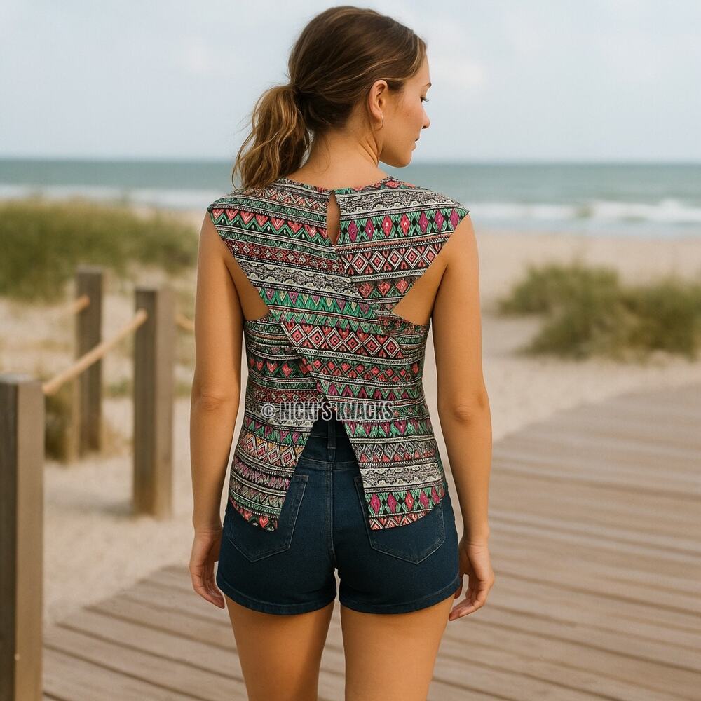 Aztec Geometric Print Chiffon Tulip Back Cap Sleeve Blouse Colorful Top Size M